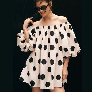 Anthropologie Cream and Black Polka Dot Off-Shoulder Mini Dress